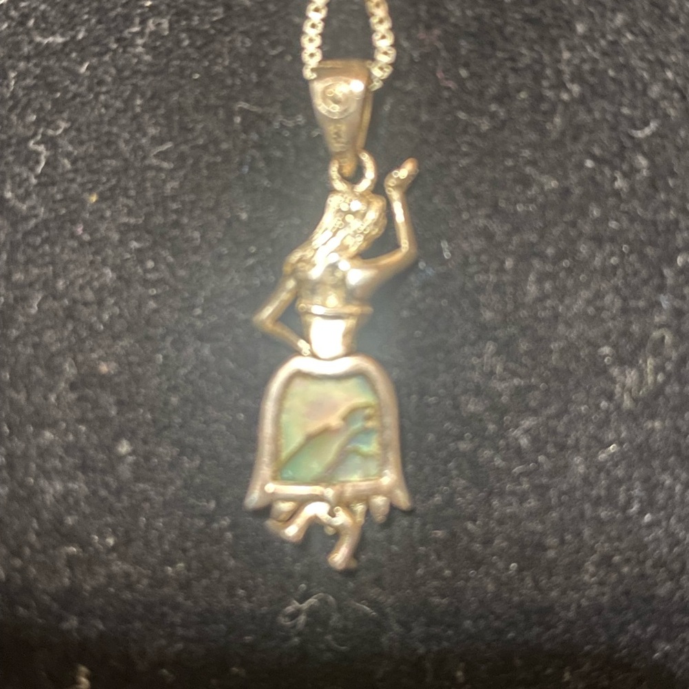 Elegant Silver and Abalone Hula Girl Pendant Necklace